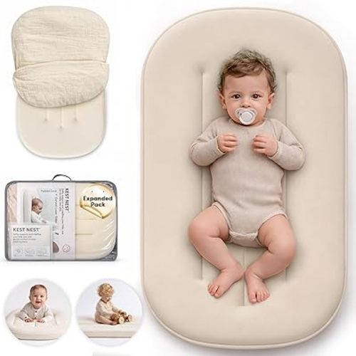 Baby Lounger - Ergonomic Curved Infant Support Cushion for Newborns, Breathable Portable Baby Nest Lounger & Tummy Time Mat for Home and Travel, White (Cotton Cover Included), Expanded Pack