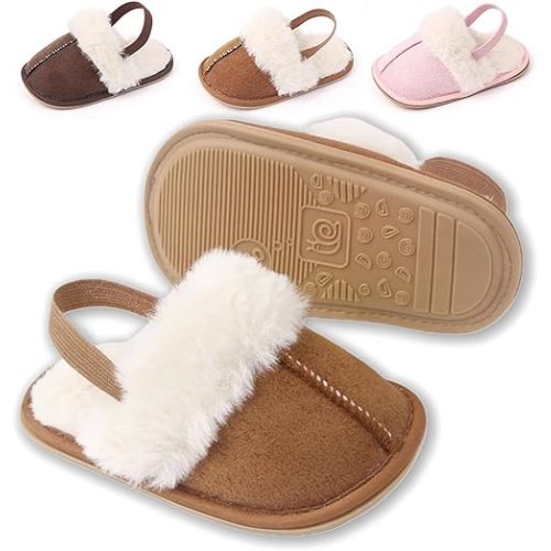 Infant Baby Boys Girls Slippers, Soft Flexible Sole Non-Slip Newborn Crib Shoes with Faux Fur,Lightweight Warm House Shoes baby 0–18 Months
