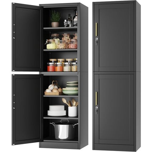 Tall Narrow Slim Metal Storage Cabinet with Lock 2 Doors and Shelves,Steel File Cabinets,Kitchen Pantry Cabinet Locker Organizer - 67" Locker Storage Cabinets for Bathroom,Bedroom,Office,Black