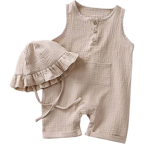 Newborn Baby Cotton Linen Romper with Hat - Khaki