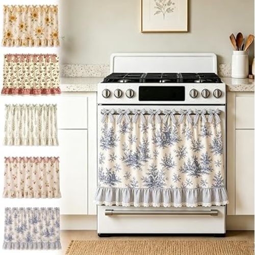 Farmhouse Oven Skirt, Blue Handmade Oven Curtain for Stove, Vintage Oven Skirt Curtain for Farmhouse Cottage Dishwasher Kitchen Decor, with Ruffles and Ribbon Ties (Blue B)