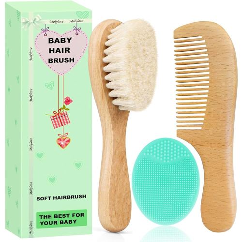 Baby Hair Brush with Wooden Handle and Comb Set for Newborns & Toddlers | Natural Soft Goat Bristles l Wood Comb l Green Cradle Cap Brush | Ideal for Cradle Cap (3 Piece)