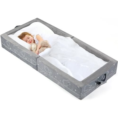 Portable Toddler Travel Bed – Foldable Soft Foam Floor Crib with Washable Cover, Built-in Safety Rails, No Assembly, Compact for Travel & Home Use, Grey