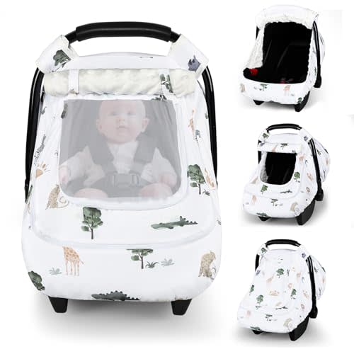 Winter Car Seat Cover Baby with Sunshade & Dual Zipper Windows - Minky Bubble Lined Windproof Soft Shell, Warm Newborn Car Seat Canopy Covers, Elastic Bottom for Stroller & Infant Car Seat, Animal
