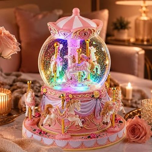 Carousel Snow Globe Music Box with Rotating Horses & LED Lights, Plays You are My Sunshine, Wind Up Musical Snow Globe Keepsake Gift for Daughter, Mom, Wife, Sister, Birthday Christmas Decor