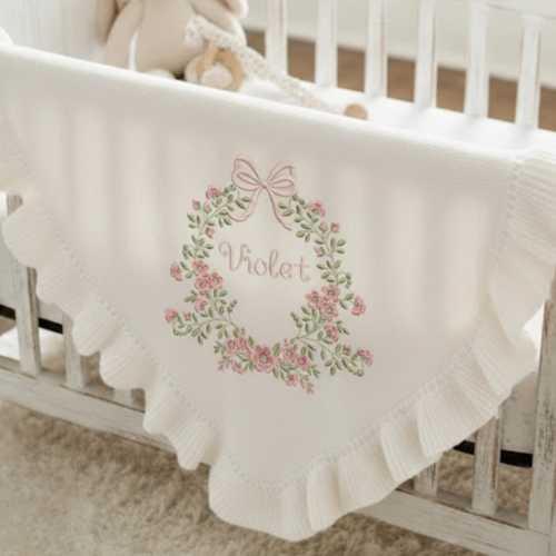Custom Floral Baby Blanket, Personalized Embroidered Baby Name Blanket, Soft Cotton Newborn Ruffle Blanket, Baby Shower Gift, Newborn Gift