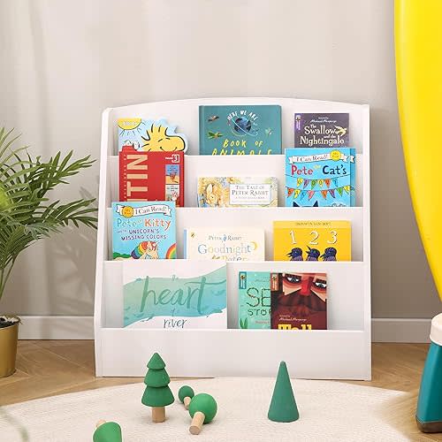 TOETOL 4-Tier Kids Bookshelf - Toddler Book Display Shelves for Classrooms, Playrooms, and Nursery - Wooden Children Book Rack (White)