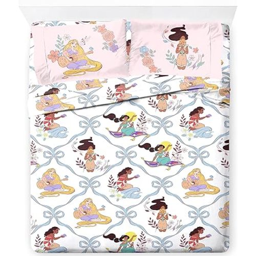 Jay Franco Kids Sheet Set with Fitted, Flat Sheets & Pillow Cover - Ultra-Soft Bedding with Pillowcase for Room Decor, White – Disney Princess, 4 Piece Full