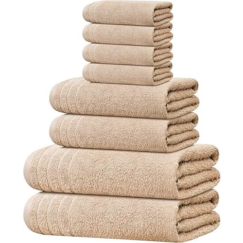 Tens Towels Pack of 8 Towels Set, 2 Extra Large Bath, 2 Hand, 4 Washcloths, 100% Cotton, Lighter Weight, Quicker to Dry, Super Absorbent, Perfect for Bathroom, Beige