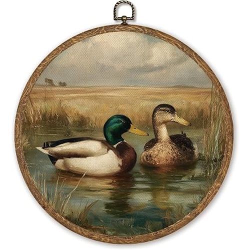 Farmhouse Duck Wall Art Decor, Vintage Mallard Lake Landscape Round Hanging Artwork, Rustic Animal Prints for Living Room Kitchen Cabin Home, 10 Inch Round Wall Hanging Decor(Begei-wild duck04)