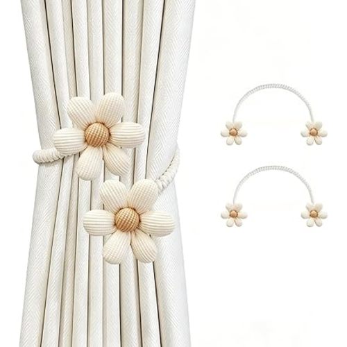 SRG Curtain Tiebacks for Curtains 2 Pack, Decorative Curtain Holdbacks for Drapes, Handmade Tie Backs No Drilling for Home Bedroom Window Decor – Flower White