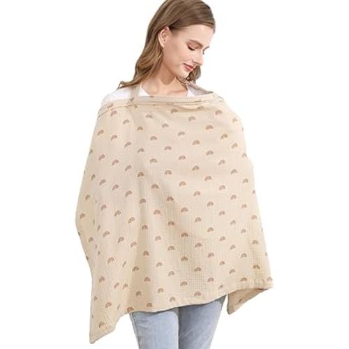 Muslin Nursing Cover for Baby Breastfeeding, Breathable 100% Cotton Breastfeeding Cover with Rigid Hoop for Mother Nursing Apron (Ivory Rainbow)