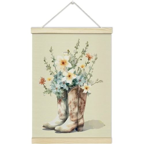 LETUROIA Neutral Floral Cowgirl Boots Poster Hanger Frame, Western Aesthetic Canvas Wall Decor(12×16"), Wall Art For Bedroom Teen Girl Room Kitchen Bathroom -34