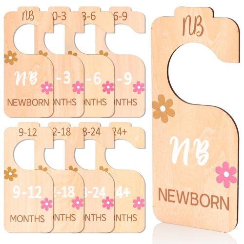 8pcs Nursery Hanger Dividers, Wooden Baby Closet Organizer for Sorting 8 Sizes Clothes, Wardrobe Hangers for Parents