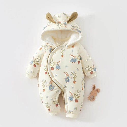 Baby Animal Fleece Lined Quilted Hooded Romper