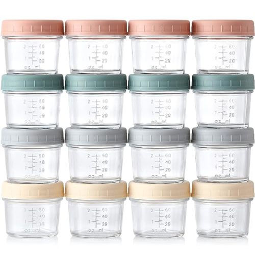 VITEVER 16 Pack Glass Baby Food Storage Containers, 4 oz Baby Food Jars with Plastic Lids, Small Baby Food Maker, Reusable Infant Freezer Container, Microwave, Dishwasher & Freezer Safe, BPA Free - 16 PACK - Morandi