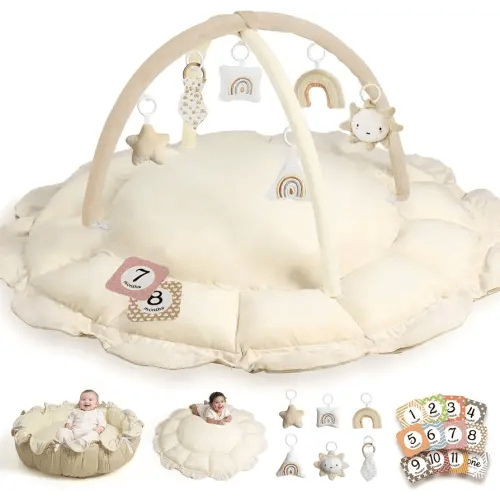 HAM-MM 5-in-1 Convertible Baby Play Gym with 6 Toys, Tummy Time Mat for Sensory Development, Baby Activity Center for Newborn & Toddler, Ball Pit, Cat & Dog Bed, Soft Pet Bed, No Ball Included Cream