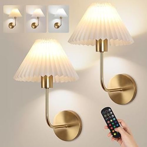 Wireless Wall Sconce Sets of 2, Pleated Shades Rechargeable Battery Operated Wall Sconce, Retro Industrial Gold Wall Lights Bathroom Vanity Sconces, Wall Mounted Lamps for Bedroom Living Room Kitchen