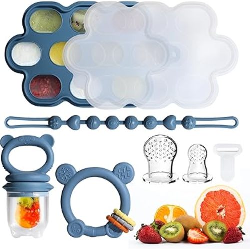 Baby Fruit Food Feeder & Breastmilk Popsicle Molds for Teething Relief, Baby Feeding Sets, 1 Freezer Tray with Lid & 1 Teether Toy & 1 Silicone Teething Pacifier Feeder, Extra Food Pouches (Blue)