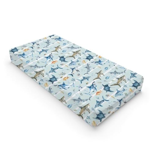 Blue Sharks Baby Changing Pad Covers Sea Animals Sharks Stripes Nursery Diaper Changing Table Sheets for Boy Girl Ocean Fishes Corals Nautical Life Soft Breathable Stretch Change Table Mat 32''x16''