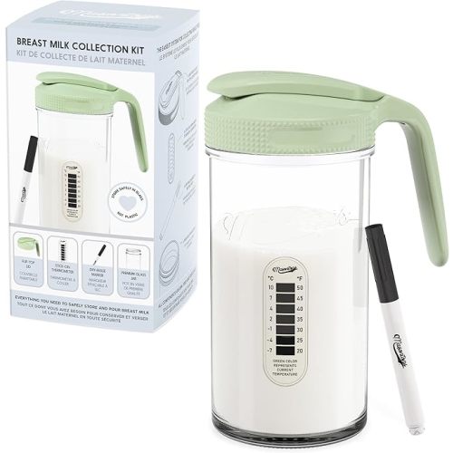 Masontops Breast Milk Storage Kit - 24oz Airtight Mason Jar with Handle, Marker & Stick-on Thermometer for New Moms