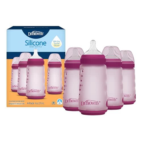 Dr. Brown's Silicone Baby Bottle with Collapsible Insert Designed to Reduce Colic, 9 oz with Wide-Neck Level 2 Medium Flow Nipple, BPA-Free, 3m+, Pink, 4-Pack
