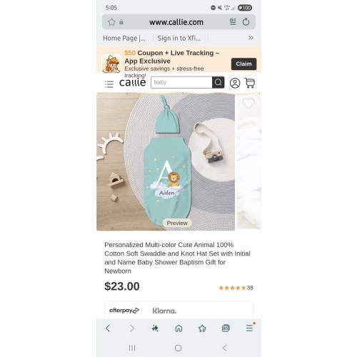 Personalized Multi-color Cute Animal 100% Cotton Soft Swaddle and Knot Hat Set with Initial and Name Baby Shower Baptism Gift for Newborn - CALLIE