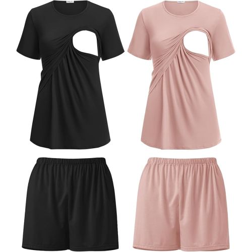Ekouaer 2 Pack Women's Nursing Pajamas Set Double Layer Maternity Pjs Postpartum Loungewear Set Breastfeeding Tops & Shorts