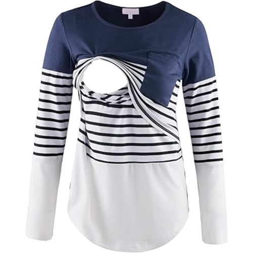 Bhome Nursing Tshirt Color Block Maternity Short Sleeve Top for Breastfeeding Pregnancy Shirt with Pocket