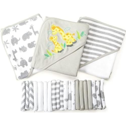 Spasilk 23-Piece Soft Terry Hooded Bath Towel and Washcloth Gift Set, 3 Baby Towels and 20 Baby Washcloths for Unisex Newborn Bath Essentials, Ideal, Gray Giraffe Safari