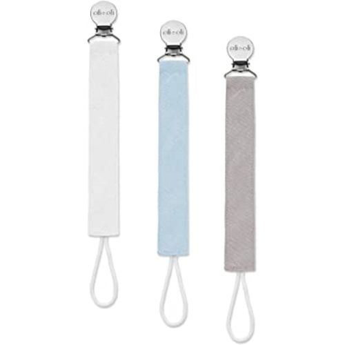 Ali+Oli Linen Strap Pacifier Clip (Sky) Set of 3 (10" x 1") Baby Pacifier Holder for Newborn Pacifiers & Teethers, Binky Clips, Silicone-Free Pacifier Clips