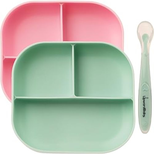 UpwardBaby 2 Pack Baby Plates and Spoon Set - Silicone Divided Suction Plates for Babies, Toddlers & Kids - Less Mess, Portion Food Plates Feeding Set - Non-Slip, Non-Toxic, BPA Free - Sage/Pink