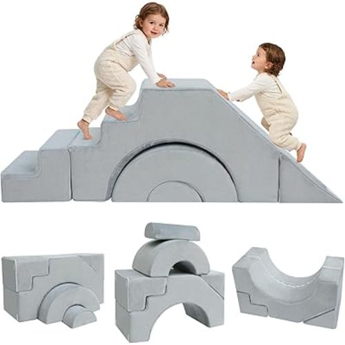MeMoreCool Modular Kids Sofa – Convertible Foam Couch with Slide & Stair, Playroom & Bedroom Sectional Child Furniture | Soft Washable Cover | Ages 3+ | Grey