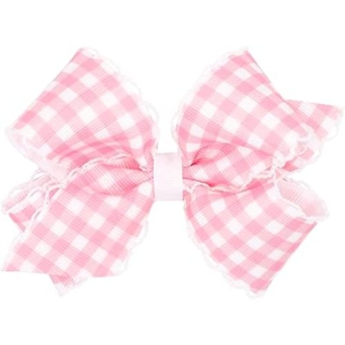 Wee Ones Girls' Moonstitch Edge Hair Bow in Spring Flower or Gingham Prints, Medium or King, on WeeStay No-Slip Clip, Medium, Pink Gingham