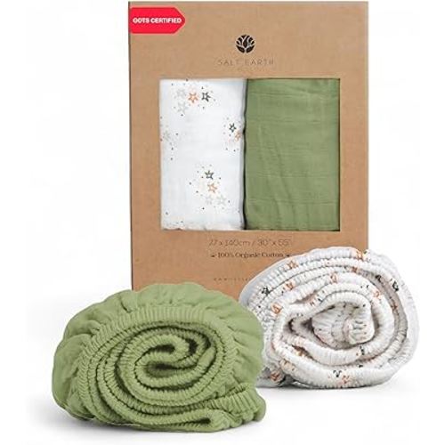 Salt Earth 100% Organic Cotton Muslin Standard Fitted Crib Sheet, 52"x28", 2 Pack Soft Breathable Natural Cotton Sheets Baby Mattress Bed Sheets, No Slip Neutral Baby Crib Sheet (Green & Star)
