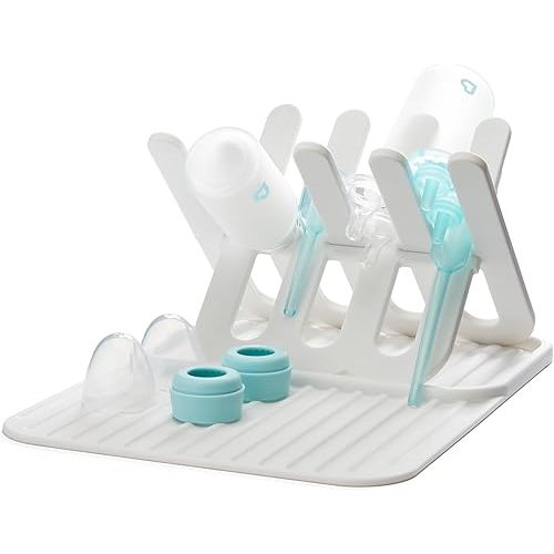 Munchkin Bottle Drying Rack and Mat, Holds 8 Bottles, Pump Parts, Pacifiers, & Accessories, Space Saving Folding Design, Home and Travel Use, Silicone, White