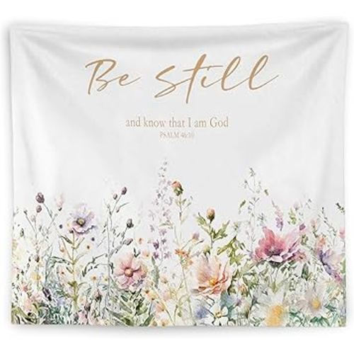 WNAGT Wildflower Christian Tapestry Wall Hanging, Bible Verse Tapestry, Be Still and Know That I Am God Scripture Religious Wall Blanket Decor for Girls Bedroom Dorm Home, 50x60 Inch