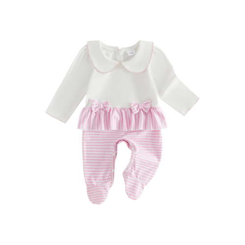 BemeyourBBs Preemie Newborn Baby Girl Spring Summer Fall Winter Clothes Infant Baby Girl Footed Romper Decorative Bow Striped Ruffled Trim Peter Pan Doll Collar Long Sleeve Footie Jumpsuit