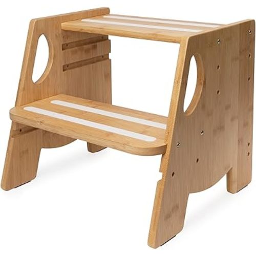 Wooden Toddler Step Stool for Bathroom Sink, Height-Adjustable, Luminous Anti-Slip Strips, Bamboo 2-Step Stool for Kids Adults, 300lbs, for Toilet Potty Training, Kitchen Counter, Bed