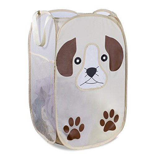 Handy Laundry Collapsible Mesh Pop-Up Hamper with Wide Opening and Side Pocket - Breathable, Sturdy, Foldable, Space-Saving Design (Puppy)