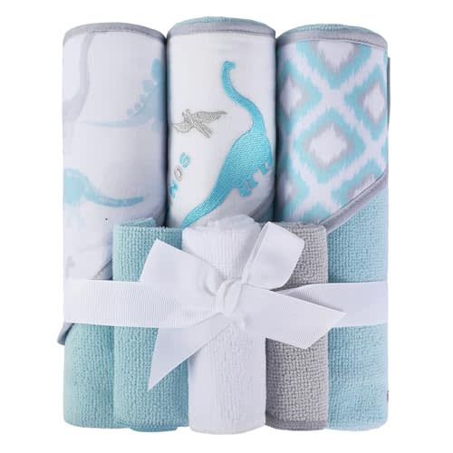 Softan Baby Hooded Towels and Washcloths Set 6 Pack, 28x28 Ultra Soft & Absorbent Baby Bath Towels for Newborn Infant Toddler, Unisex Boys Girls (Blue Dionsaur)