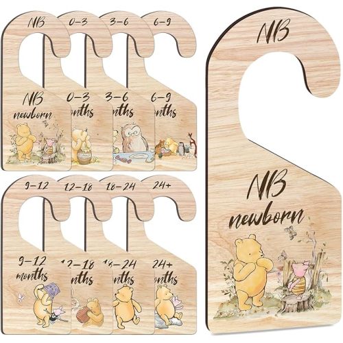 8Pcs Winnie Baby Closet Dividers, Winnie Baby Clothes Dividers for Closet, Newborn Baby Stuff for Baby Boys Girls, Wooden Double-Sided Baby Hanger Organizer from Newborn to Toddler