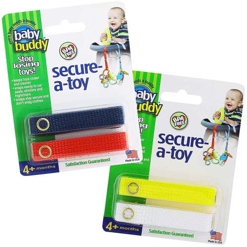 Baby Buddy Secure-A-Toy Secures Toys, Teether, or Pacifier to Stroller, Highchair, Car Seat, Navy-Red-Yellow-White 4pk