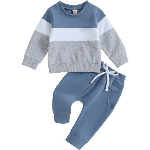 Kupretty Toddler Baby Boy Fall Winter Clothes Color Block Long Sleeve Sweatshirt Pullover Tops + Joggers Pants Outfit Set