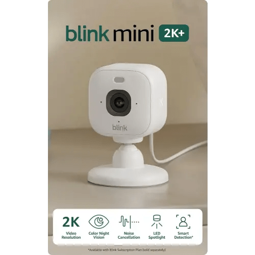 Blink Mini 2K+ (newest model) – Plug-in Home & Pet Indoor Security Camera with 2K video resolution, night vision, enhanced audio, motion detection – 1 camera (White)