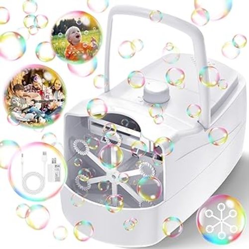 Bubble Machine, Automatic 18000+ Per Minute Big Bubbles Blower Maker for Kids Toddlers with 2 Speeds,6 Wands,Operated by Plugin or Batteries for Outdoor/Indoor Birthday Parties,Wedding (White)