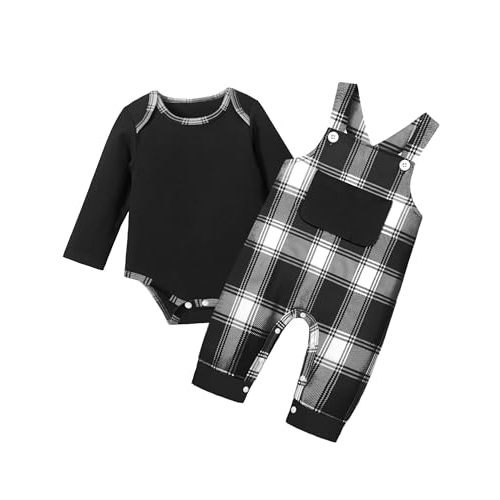 BAVADER Baby Boy Clothes Long Sleeve Animal Plaid Romper + Overalls Infant Boy Clothes 2PCS Fall Winter Outfits