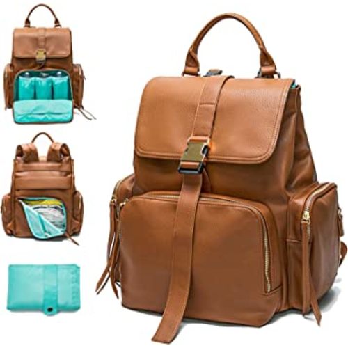 MOMINSIDE Diaper Bag Backpack with 14 Pockets, Leather Baby Bag, pañaleras para bebe Baby Registry, 4 Insulated Pockets, Changing Pad, Stroller Straps (Brown)