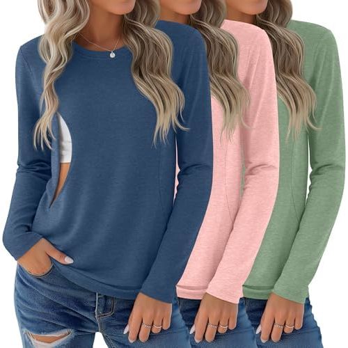 3 Pack Nursing Tops for Breastfeeding Maternity Shirts Zipper Long Sleeve Round Neck Knit Casual Nursing Clothes