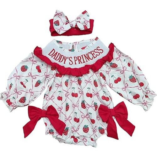 Deerhobbes Design your own Newborn Baby Girl Smocked Romper - Bow pattern Ruffle Sleeve Bubble Bodysuit for Summer